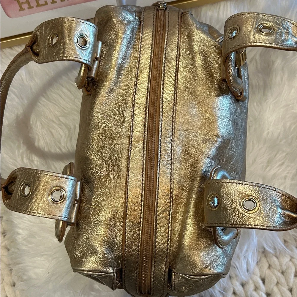 Francesco Biasia Gold Metallic Leather Satchel Shoulder Bag Structured handbag